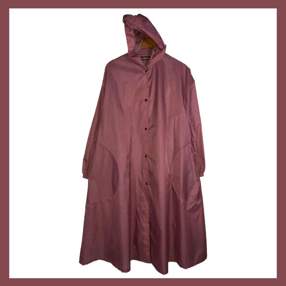 Vintage Aqua Sheen Dusty Rose Hooded Long Raincoat Oversized Snap Jacket 52" - Picture 1 of 7